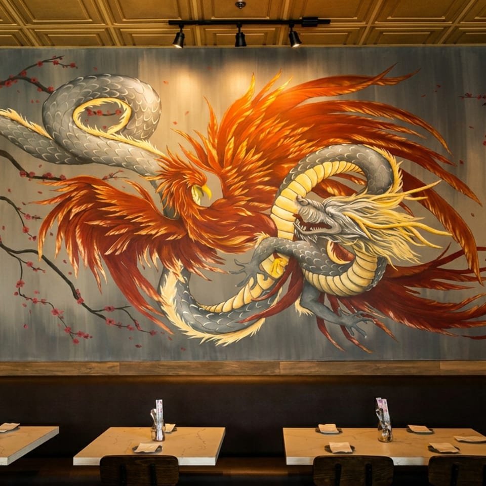 Restaurant dining area with tables beneath a dramatic mural of intertwined Chinese dragons and a fiery phoenix.