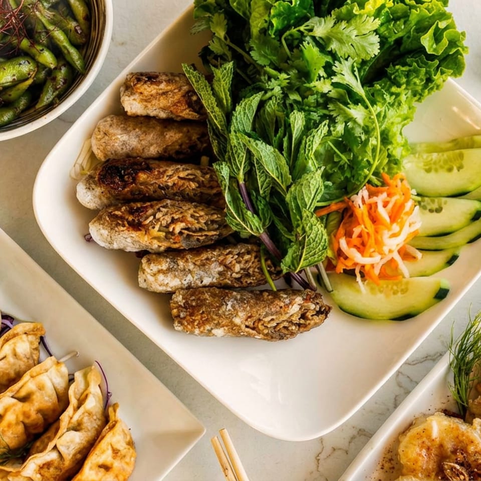 Overhead spread of Asian-inspired dishes with spring rolls, dumplings, fried seafood, edamame, fresh herbs, vegetables, and chopsticks.