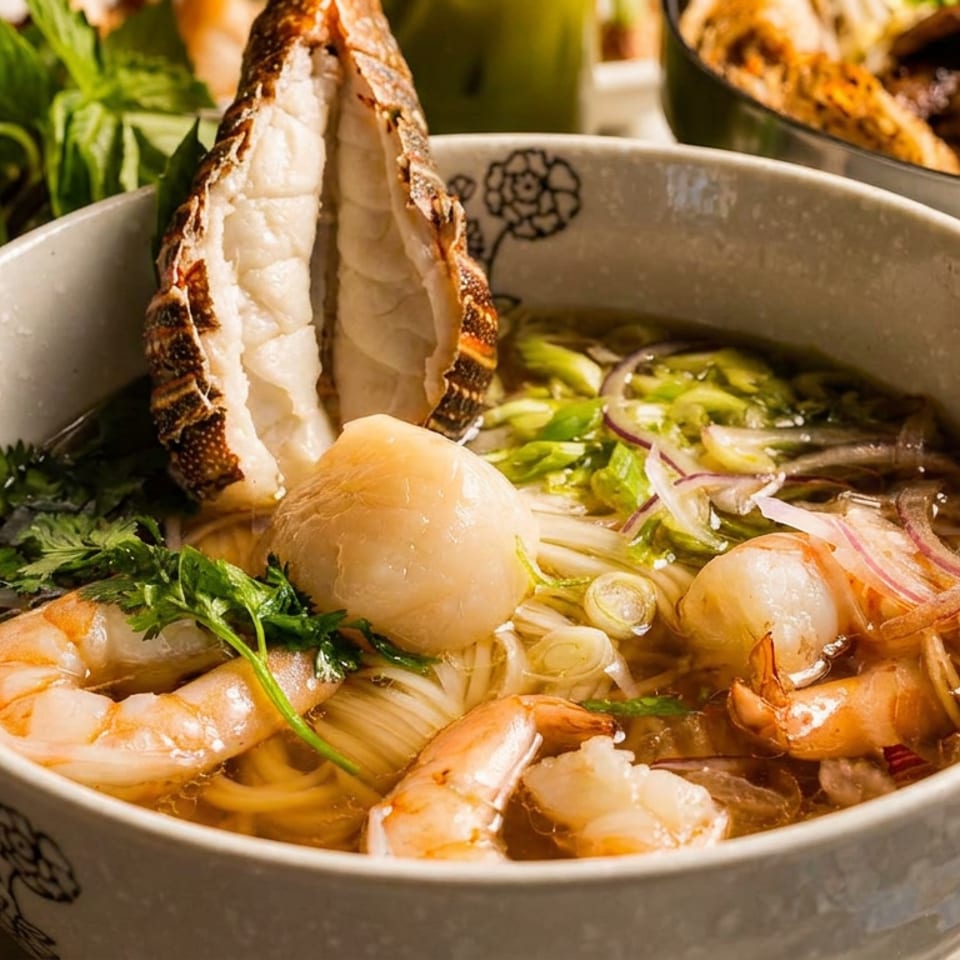 Bowl of Vietnamese noodle soup with shrimp, grilled fish, herbs, onions, and citrus, set on a restaurant table.