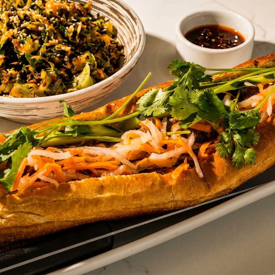Vietnamese bánh mì sandwich with pickled carrots, daikon, cucumber, and cilantro, served with sesame vegetable salad and dipping sauce.
