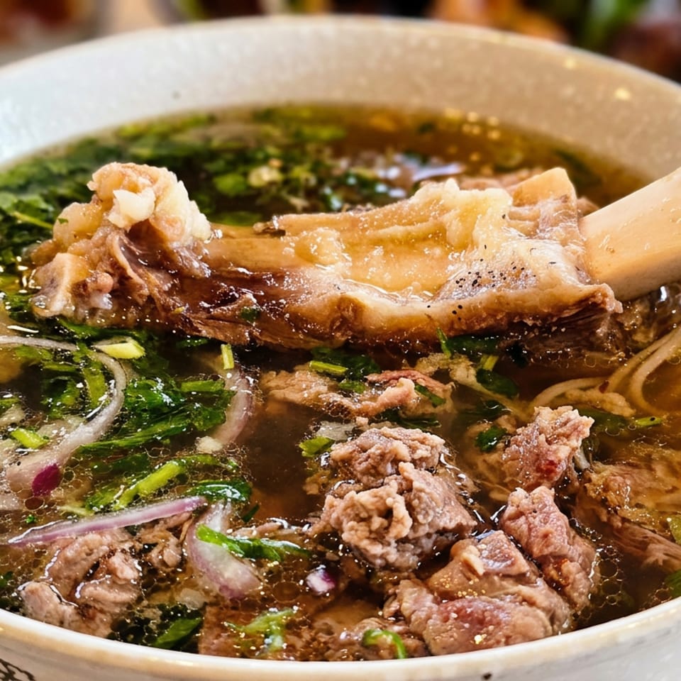 Bowl of Vietnamese-style beef noodle soup with herbs, sliced onions, tender beef, and a large bone in rich broth.